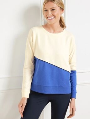 T BY TALBOTS Colorblock Cropped Sweatshirt Size Petite Large Blue Cream